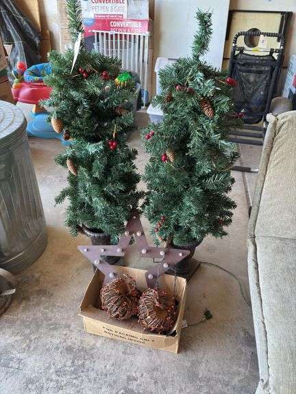 Pair of Small Christmas Trees with Star Light and Pumpkin Lights image