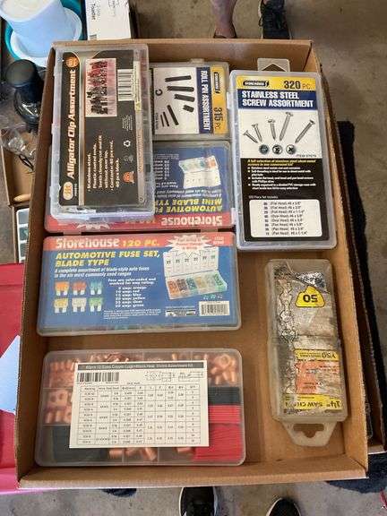 Hardware Assortment with Fuses, Alligator Clips, Screws, Roll Pins, Lugs, Saw Chain image