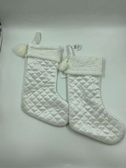Pair of Quilted White Christmas Stockings with Pom-Poms image