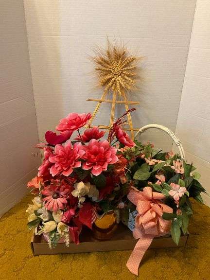 Decorative Floral and Wheat Stalk Arrangement with Basket and Easel image