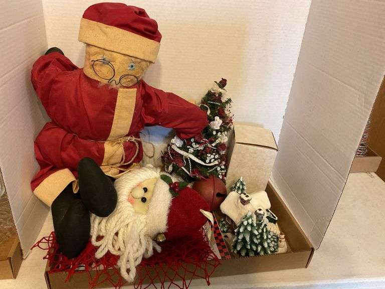 Christmas Holiday Decor Lot - Santa Dolls, Miniature Tree, Village Scene image