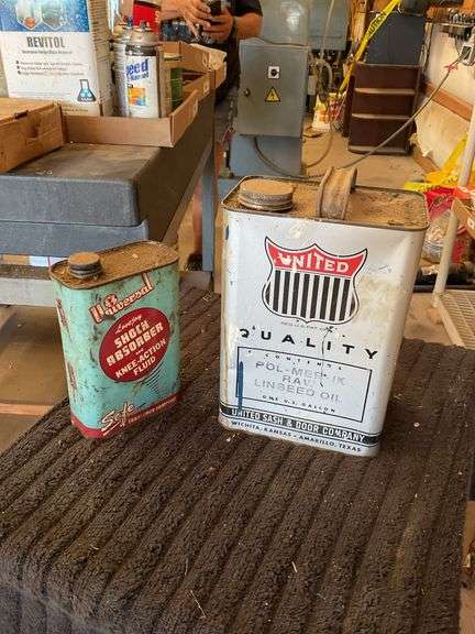 Vintage Oil Cans: Universal Shock Absorber Fluid & United Linseed Oil image