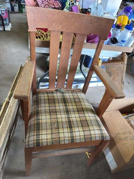 Mission Style Armchair with Plaid Upholstery image