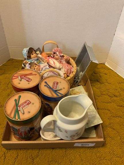 Mixed Collection: Dolls, Musical Tins, Garden Markers, Pitcher, and More image