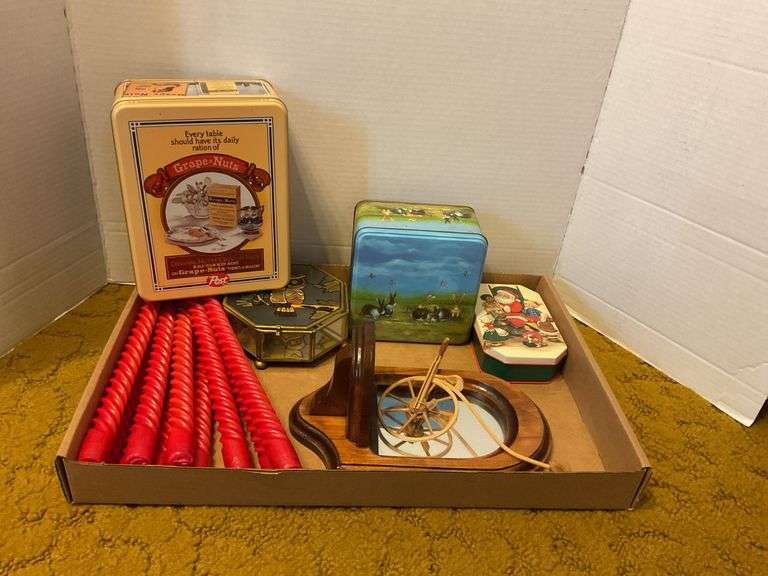 Collectible Tins, Candles, and Wooden Toy Lot image