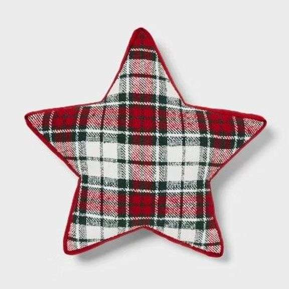 Red and White Plaid Star Shaped Throw Pillow image