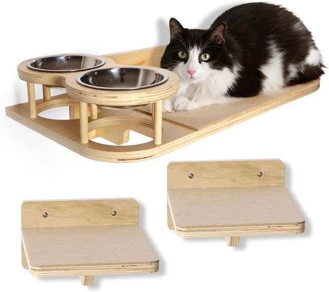 Cat Wall Shelves Sturdy & Safe 3-in-1 Wall-Mounted Cat Furniture Set with Climbing Wall Steps, Feeding Station, Wooden Shelf for 23 inch Drywall & Stud -Natural Wood image