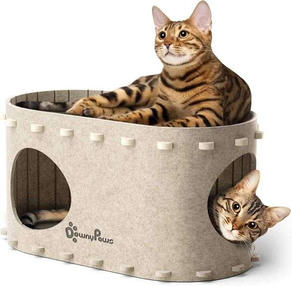 DownyPaws Cat House for Indoor Cats, Cat Bed Cave for Multiple & Large Cats Up to 22 Lbs, Scratch Resistant Peekaboo Cat Caves, Foldable Cat Tunnel Enclosed Bed, PeekaPurr, Cream image
