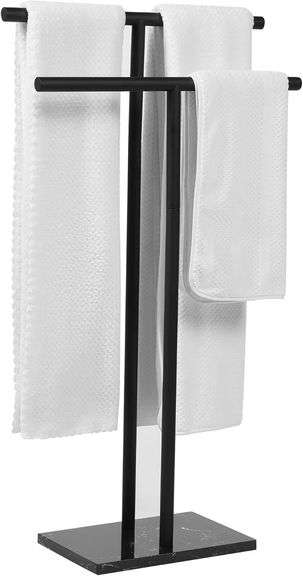 Free Standing Towel Rack for Bathroom - Matte Black Finish - Stand Alone 2 Tier Stainless Steel Towel Rack for Bathroom Floor with Heavy Marble Base - Double T Shape Drying Stand for Towels image