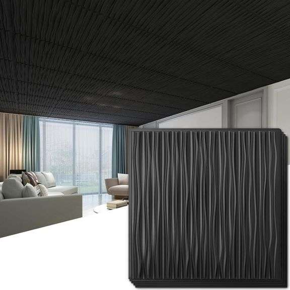 Art3dwallpanels Ceiling Tiles 24 x 24 for Interior Wall D cor, 12 Pack Drop Ceiling Tile 3D Wall Panel Fire Rated Waterproof Premium PVC, No Sag and Breakage Wall Panels Cover 48.Sq.Ft. Black image