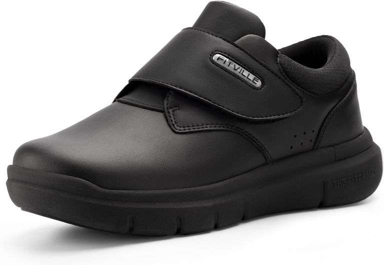 FitVille Diabetic Shoes for Men Extra Wide Slip-on Walking Shoes for Edema Hook & Loop Recovery Leather Oxford Shoes for Swollen Feet image