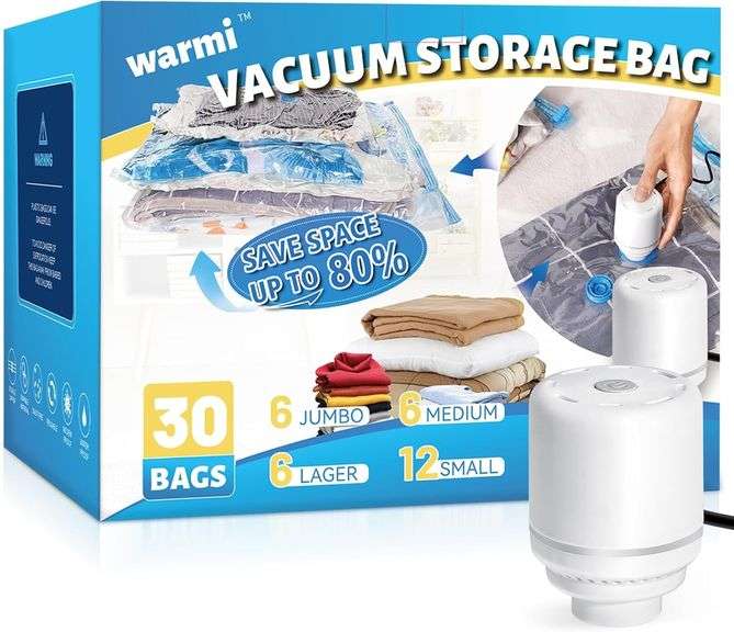 Warmi 30 Pack Vacuum Storage Bags with Electric Air Pump - Vacuum Seal Bags for Clothing Travel - Space Saver Bags for Blanket, Duvets, Pillows, Comforters, Luggage image