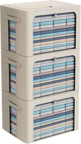 3Pack Foldable Storage Bins - Frame Storage Box Linen Fabric Stackable Clothes Container Organizer with Clear Window & Carry Handles Large Capacity (Extra Large-100L, Beige) image