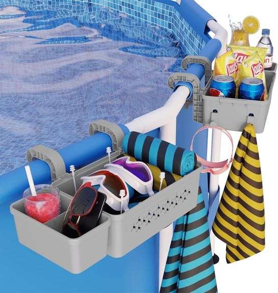 PENGKE 2 Set Pool Side Storage Basket and Above Ground Pool Accessories With Drink Cup Holders,Grey Pool Toy Storage For Intex Pool Accessories - Fit for Most Above Ground Pool,7.8x4.3 Inch image