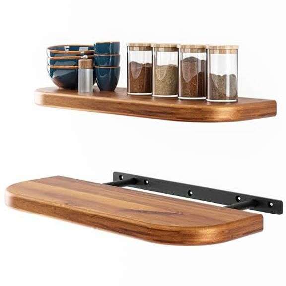 BATODA 17" Acacia Wood Floating Shelves Wall Mounted (Round Edge) Rustic Farmhouse Wooden Wall Storage Shelf for Bedroom, Kitchen - Brackets and Shelving Hardware Included (Acacia, 17 Inch Length) image
