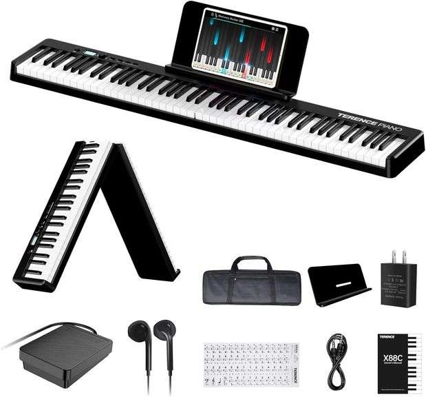 Folding Piano Keyboard, 88 Keys Full Size Semi-Weighted Foldable Piano, Support MIDI USB Interface Bluetooth Portable Piano with LCD Screen Sheet Music Stand Sticker Sustain Pedal for Beginners Kids image