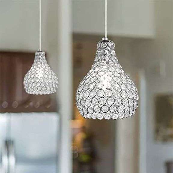 Depuley Crystal Pendant Light, Modern Adjustable Hanging Light Fixture, Teardrop Chandelier for Kitchen Island Dining Room Bedroom Hallway, 1 Light Chrome Finished Globe, E26 Base, Jeweled Bowl image