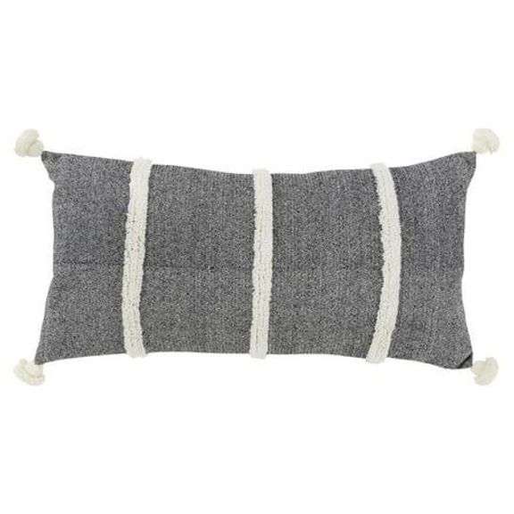 Gray Lumbar Pillow with White Stripes and Tassels image