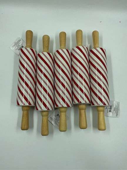 Set of Five Ceramic Rolling Pins with Red and White Stripes image