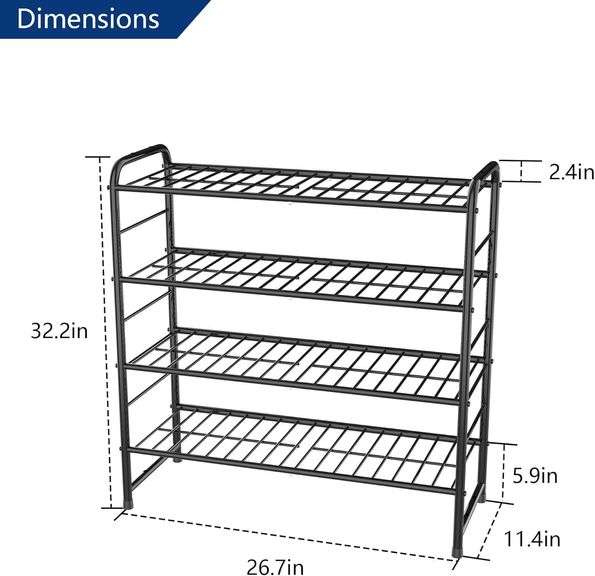 REGILLER 4-Tier Stackable Shoe Rack, Expandable & Adjustable Shoe Organizer Storage Shelf, High Capacity, Wire Grid, Black