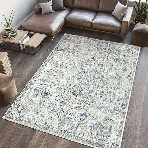 COLLACT 6x9 Area Rug - Large Washable Living Room Rug Vintage Distressed Blue Floral Rug Non Slip Rug Retro Farmhouse Boho Accent Rug Bedroom Rug Low Pile Traditional Rug Dining Room Office Nursery image