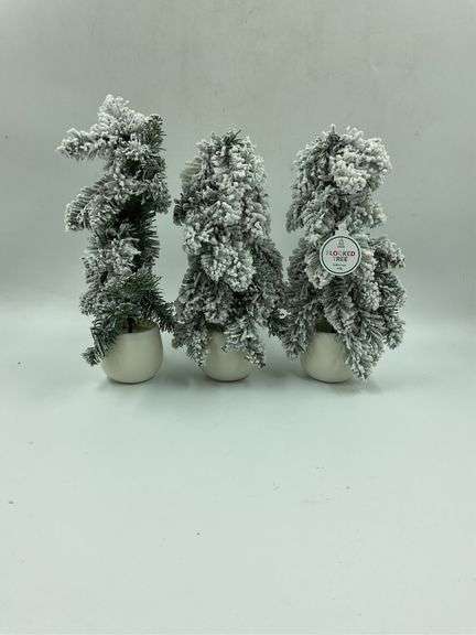 Set of 3 Small Flocked Christmas Trees in Ceramic Pots image