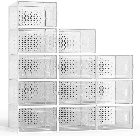 X-Large Modern Rectangular Shoe Boxes, Clear Stackable Shoe Organizer for Closet, Shoe Containers Bins with Lids, Space Saving for Entryway, White, 12 Pack, Fit Size 11 image