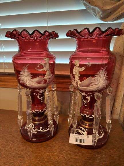 Pair of Mary Gregory Cranberry Glass Lustre Vases
