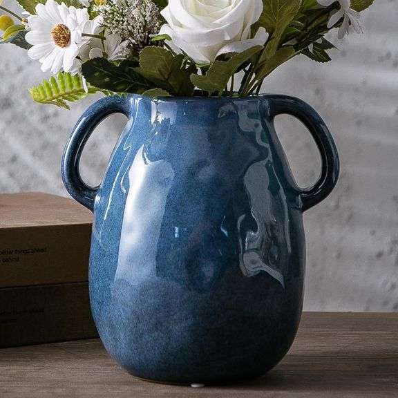 Blue Ceramic Vase with 2 Handles - Modern Farmhouse Rustic Terracotta Decorative Clay Boho Vase for Pampas Grass and Home Decor image