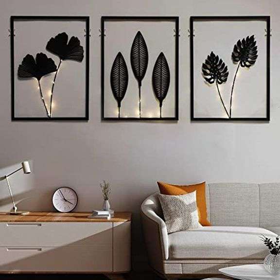 Phirown Metal Wall Art, Black Wall Decor with Light Strips 3 Pcs Modern Room Decor Rustic Farmhouse Wall Decor, Home Decor Wall for Living Room Bedroom (Vertical) image