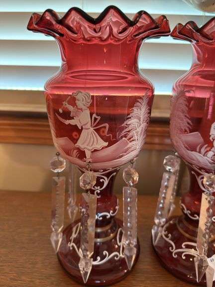 Pair of Mary Gregory Cranberry Glass Lustre Vases