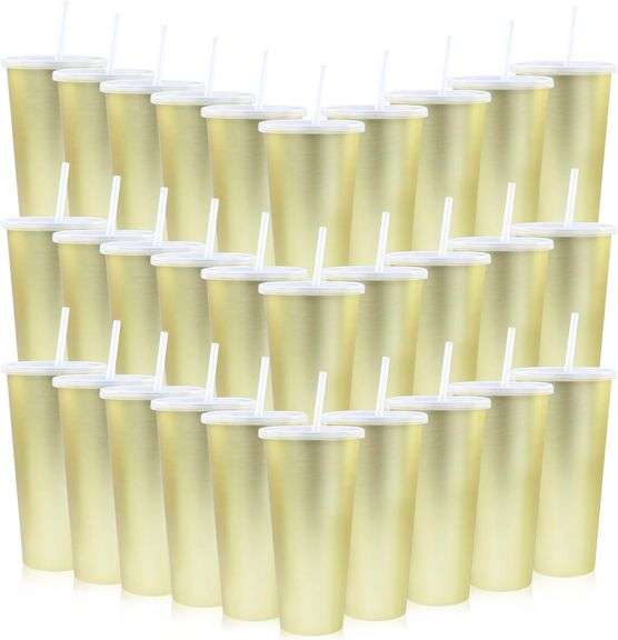 30 Pack Gold Plastic Cups with Lids and Straws, 24 oz Disposable Plastic Tumblers Iced Coffee Cups Travel Mug Cup for Juices Birthday Bachelorette Party Wedding (Gold, 24 oz) image