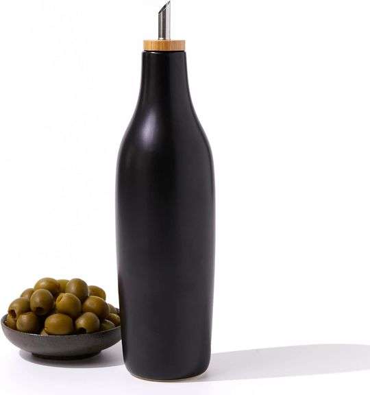 Olive Oil Dispenser Bottle Stoneware Ceramic for EVOO or Vinegar | Modern Design | Large Capacity 16.9 ounce | Oil Container | Black image