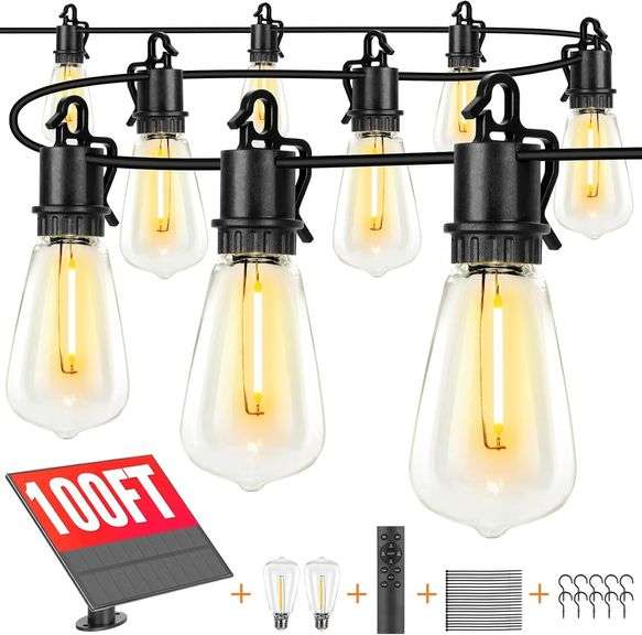 Solar Lights Outdoor String light patio deals 100FT with 32 Shatterproof, solar String Lights Outdoor Waterproof with Remote ST38 Vintage Edison Bulbs,Waterproof Hanging Lights for Outside Backyard image