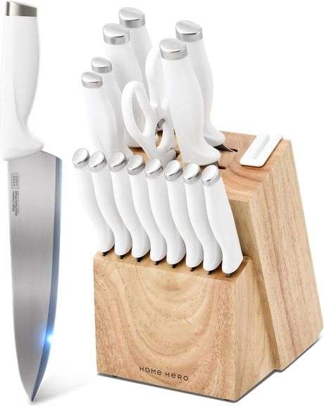 Home Hero Kitchen Knife Set with Sharpener - High Carbon Stainless Steel Knife Block Set with Ergonomic Handles (16 Pcs - White) image