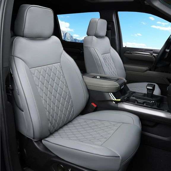 Custom Fit Chevy Silverado & GMC Sierra Seat Covers with Faux Leather for 2019 2020 2021 2022 2023 2024 2025 Chevy Silverado & GMC Sierra 1500 & 2020-2025 2500HD 3500HD (Grey, Full Set (SG-A)) image