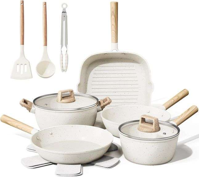 14 Pcs Pots and Pans Set Non Stick, Large Capacity Ceramic Cookware Set, Nonstick Kitchen Cookware Sets with Utensils,Healthy and Non Toxic Induction Cookware,PTFE/PFAS/PFOA Free,Cream White image
