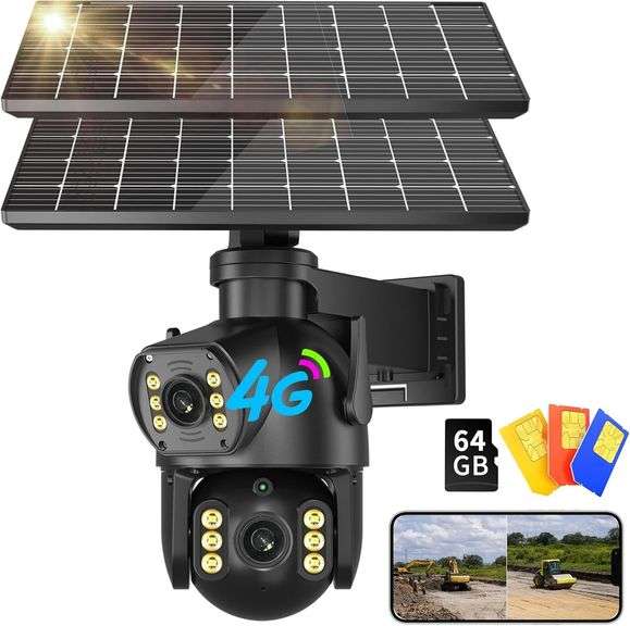 Neye 4G LTE Solar Security Camera 4K with Dual Lens Color Night Vision, Rotating Head, and Two Solar Panels,12000mah Battery,PIR Motion Sensor, 2 Way Talk, Built in SIM Card with 64g sd Card image