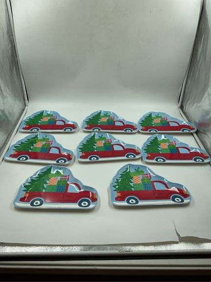 Set of Christmas Red Truck Tree & Gifts Decorative Plates