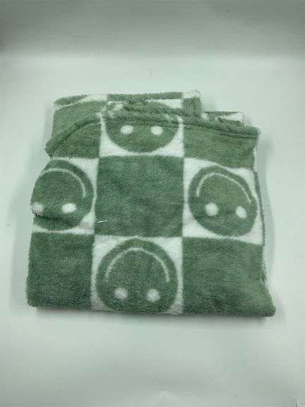 Green & White Smiley Face Plush Blanket image