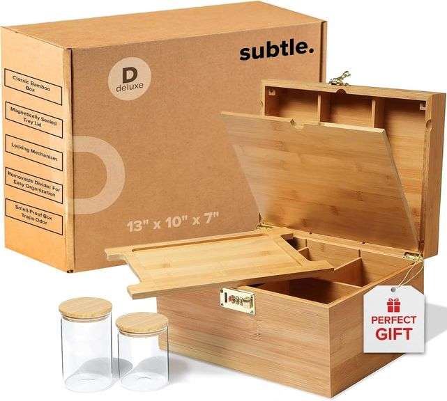 Subtle Deluxe Extra Large Bamboo Storage Box with Lockable Magnetic Lid - Includes 2 Glass Jars, Grinder, and Tray Insert - Discrete & Smell-Resistant - (13" x 10" x 7") image