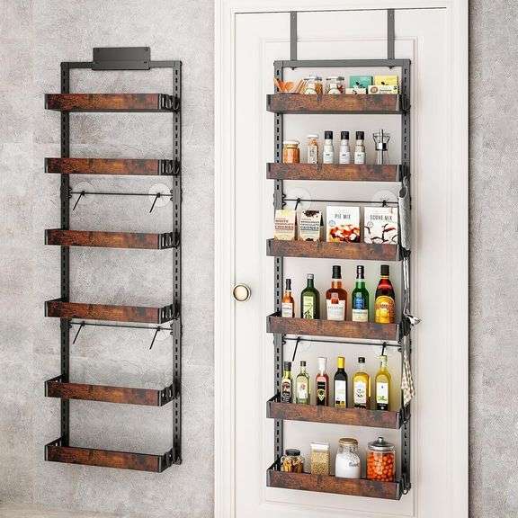 bukfen Over the Door Pantry Organizer, 6-Tier Adjustable Wooden Basket Kitchen Pantry Door Organization and Storage, Heavy-Duty Metal Hanging Kitchen Spice Rack,D6.3 x W17.71 x H50.60 inch,1 Pack image