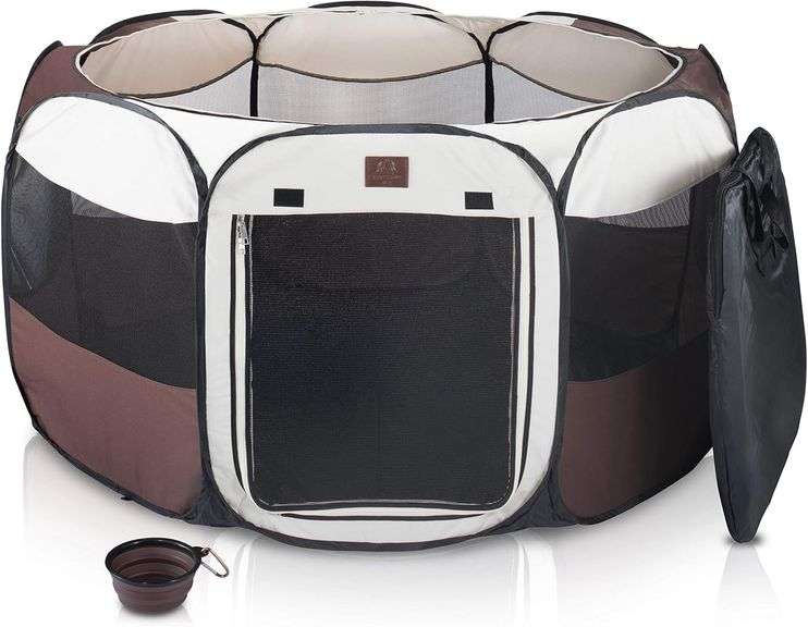 Portable Foldable Playpen Exercise Kennel Dogs Cats Indoor/outdoor Removable Mesh Shade Cover, Carrying Case & Collapsible Travel Bowl (Large) image