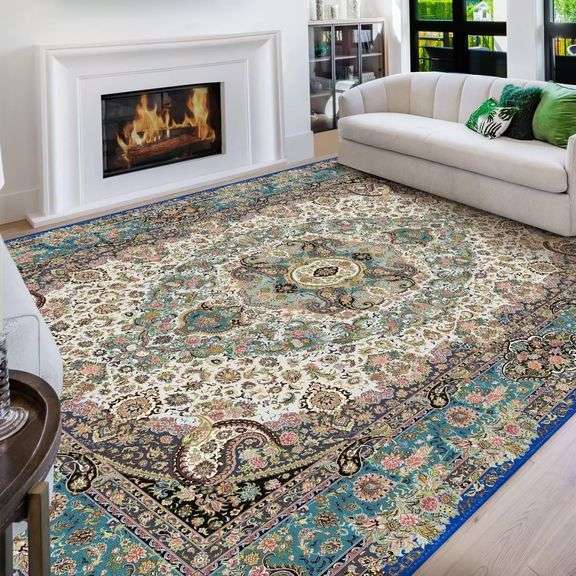 Vamcheer Vintage Washable Area Rug 9x12 - Classic Chenille Rugs for Living Room Bedroom Dining Room Traditional Carpet for Office Kitchen Non Slip Peacock Blue/Floral Outdoor Rug image