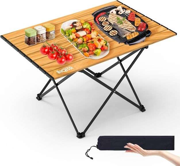 Portable Camping Table, Compact Camping Side Table with Carrying Bag, Ultralight Aluminum Beach Table Folding for Hiking, Camping, Picnicking, BBQ, Outdoor Cooking (Wood Large 27") image