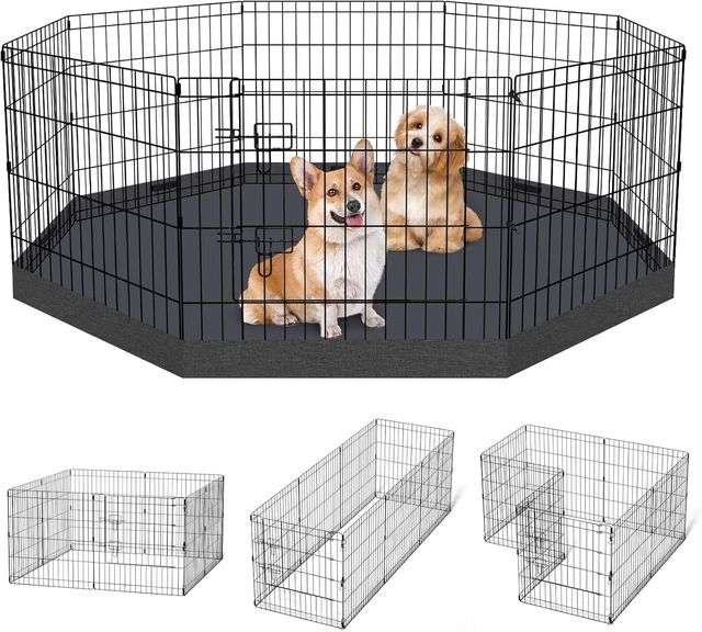 Dog Pen Pet Playpen Dog Fence Indoor Foldable Metal Wire Exercise Puppy Play Yard Pet Enclosure Indoor Outdoor 8 Panels 24 Inch with Bottom Pad/Top Cover (Black with Bottom pad) (As Is-No Refund) image