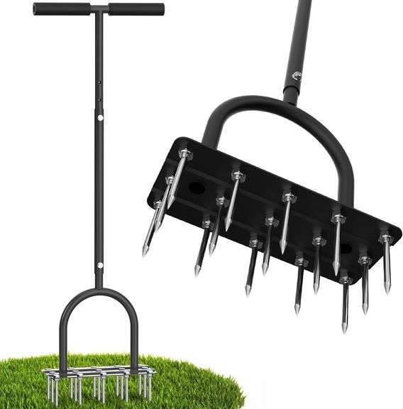 Lawn Aerator Spike Tool - Manual Grass Aerator with 15 Iron Spikes, Pre-Assembled Yard Aerator for Core Aeration, Dethatching, Heavy Duty T-Handle & Wide Foot Plate for Lawn Yard & Garden (Black) image