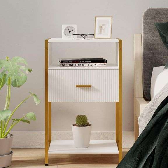 Modern Nightstand, White and Gold Side Table with Drawer, Fluted Bedside Table with 3 Storage Shelves for Living Room, Bedroom image