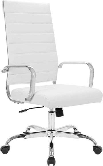 LANDSUN Home Office Chair Ribbed Leather High Back Executive Swivel Computer Desk Chairs with Wheels and Armrests Soft Padded Adjustable Height Modern Conference Chrome White image