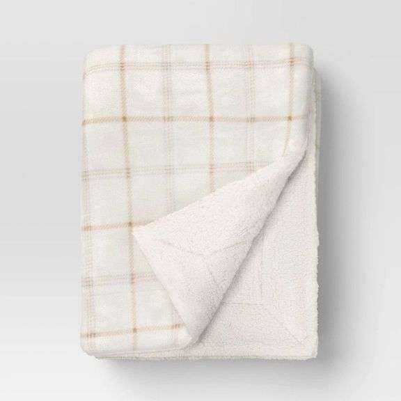 Cream and Tan Plaid Plush Blanket image